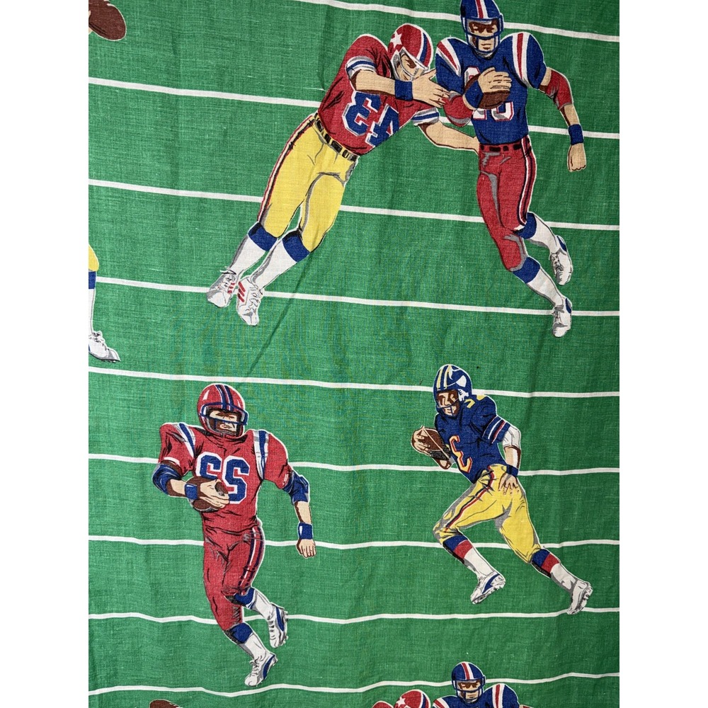 Vtg Football Players Sheet Green Field Print Decor Fabric Twin Vintage